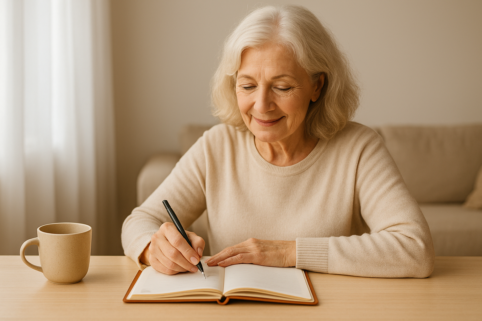 Senior ou couple de seniors notant leur humeur du jour dans un carnet
