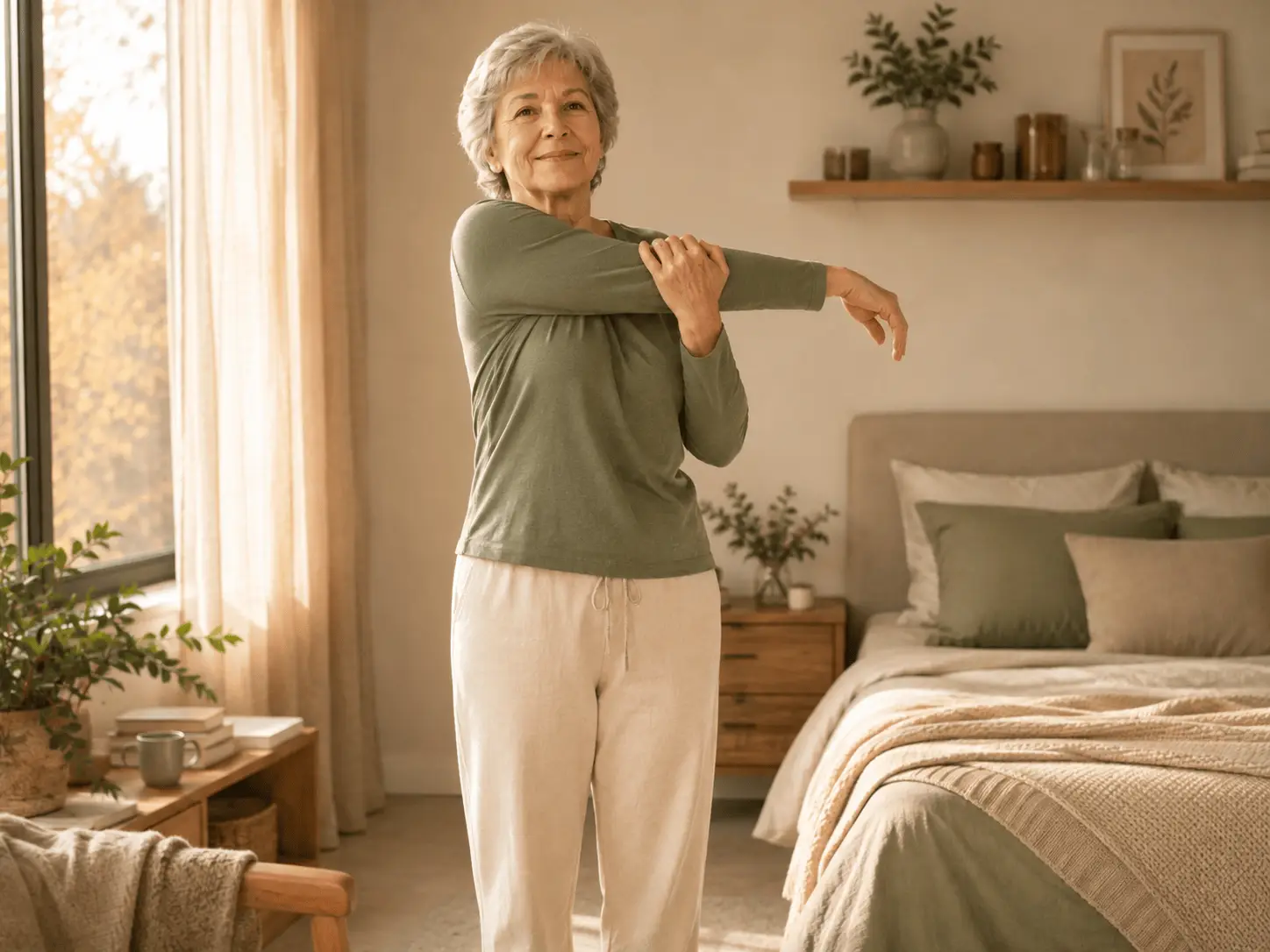 Bienvenue sur le blog retraite en forme pour préparer votre retraite ! 4 Femme senior réalisant des exercices doux le matin pour assouplir ses articulations