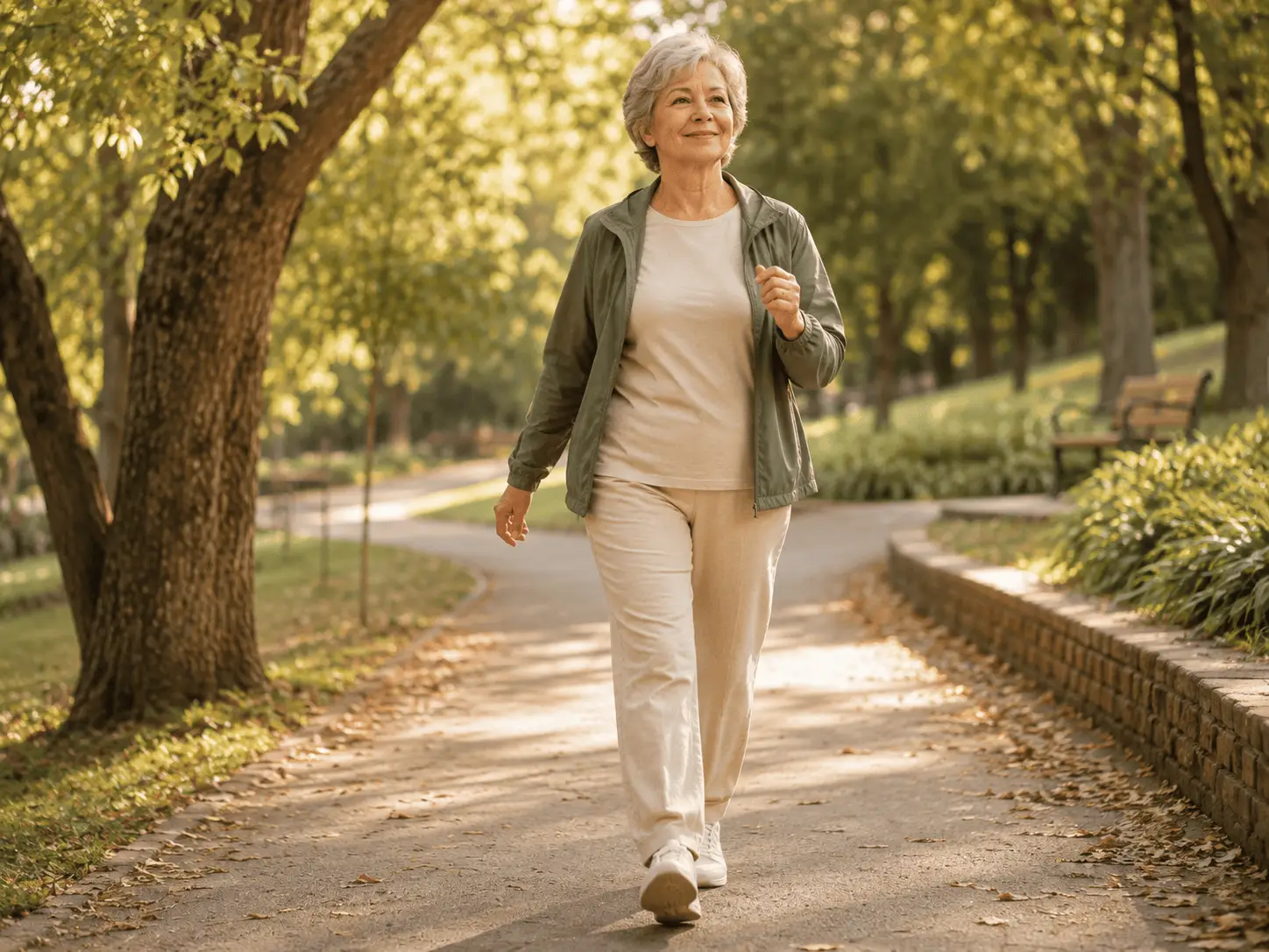 Bienvenue sur le blog retraite en forme pour préparer votre retraite ! 5 Femme senior pratiquant la marche dynamique dans un parc